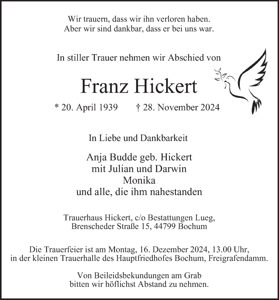  Traueranzeige für Franz Hickert vom 05.12.2024 aus Tageszeitung