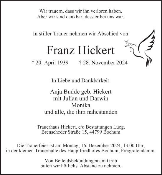 Traueranzeige von Franz Hickert von Tageszeitung