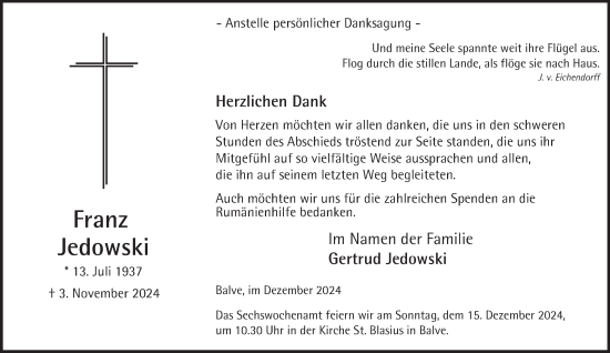 Traueranzeige von Franz Jedowski von Tageszeitung