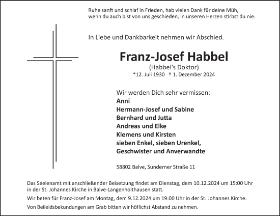 Traueranzeige von Franz-Josef Habbel von Tageszeitung