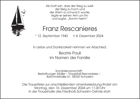 Traueranzeige von Franz Rescanieres von Tageszeitung
