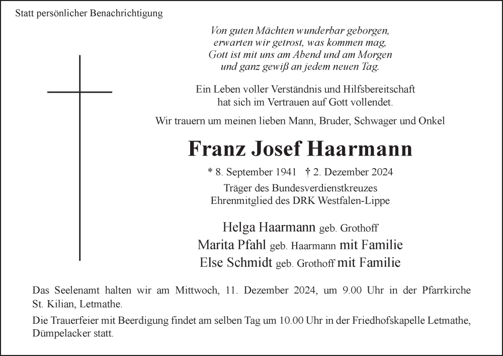  Traueranzeige für Franz Josef Haarmann vom 07.12.2024 aus Tageszeitung