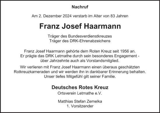 Traueranzeige von Franz Josef Haarmann von Tageszeitung
