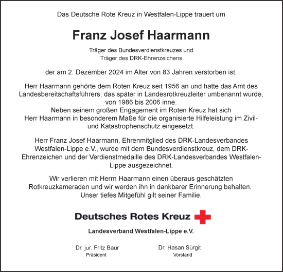 Traueranzeige von Franz Josef Haarmann von Tageszeitung