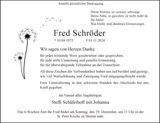 Traueranzeige von Fred Schröder von Tageszeitung