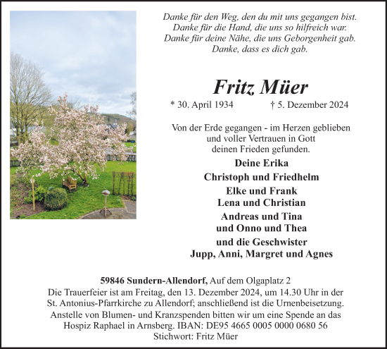 Traueranzeige von Fritz Müer von Tageszeitung