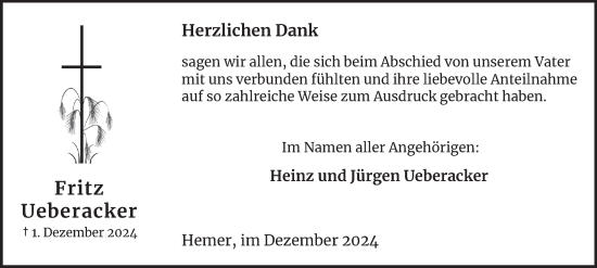 Traueranzeige von Fritz Ueberacker von Tageszeitung