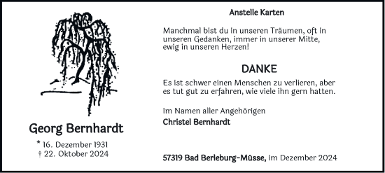 Traueranzeige von Georg Bernhardt von Tageszeitung
