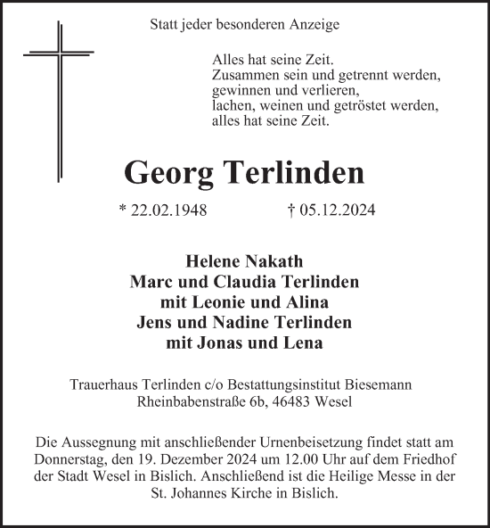 Traueranzeige von Georg Terlinden von Tageszeitung