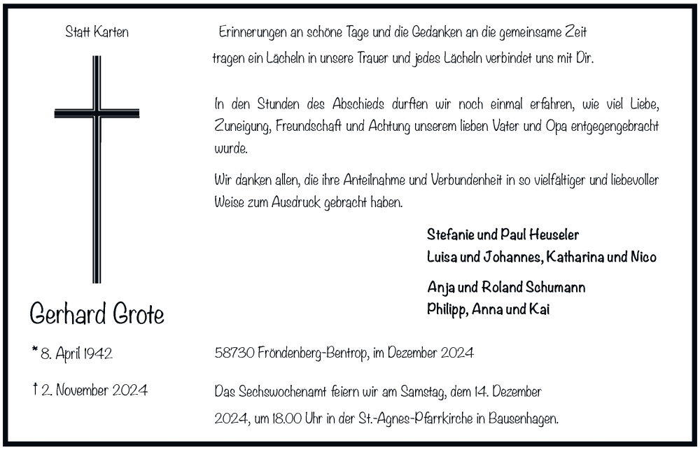  Traueranzeige für Gerhard Grote vom 05.12.2024 aus Tageszeitung