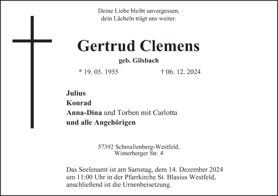 Traueranzeige von Gertrud Clemens von Tageszeitung