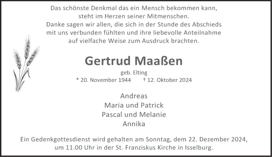 Traueranzeige von Gertrud Maaßen von Tageszeitung