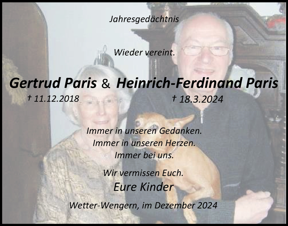  Traueranzeige für Gertrud und Heinrich-Ferdinand Paris vom 07.12.2024 aus Tageszeitung