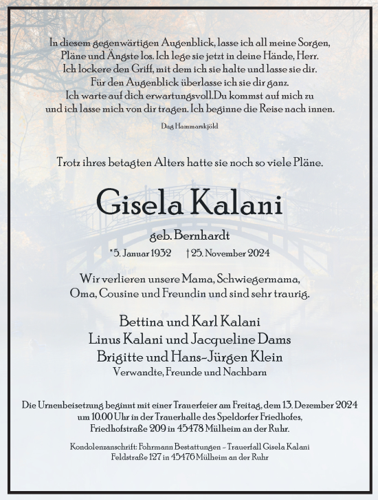 Traueranzeige von Gisela Kalani von Tageszeitung