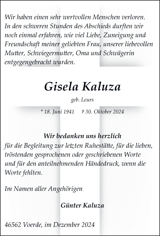 Traueranzeige von Gisela Kaluza von Tageszeitung
