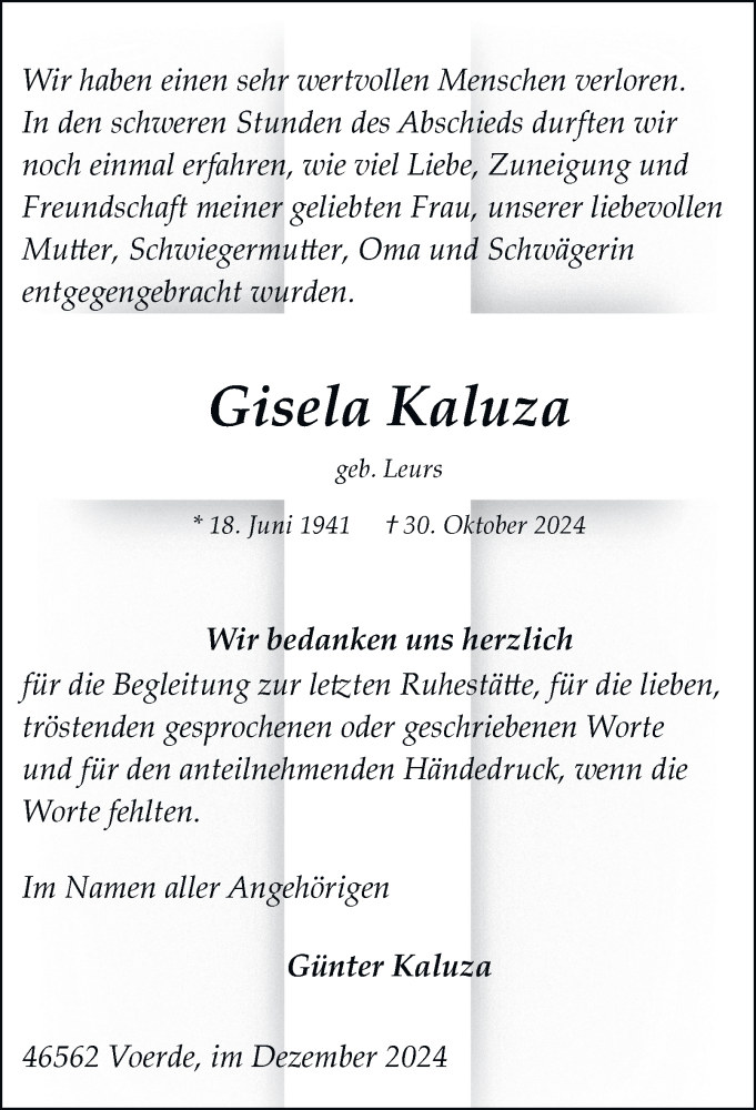  Traueranzeige für Gisela Kaluza vom 14.12.2024 aus Tageszeitung