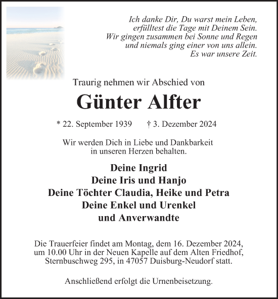 Traueranzeige von Günter Alfter von Tageszeitung
