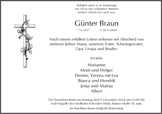 Traueranzeige von Günter Braun von Tageszeitung