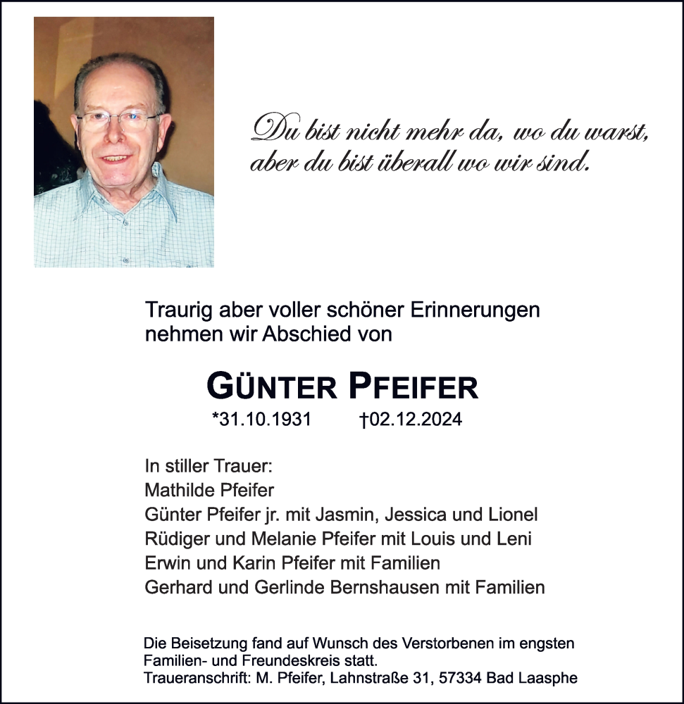  Traueranzeige für Günter Pfeifer vom 14.12.2024 aus Tageszeitung