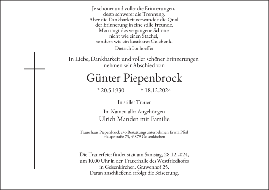 Traueranzeige von Günter Piepenbrock von Tageszeitung