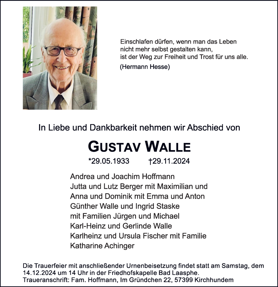  Traueranzeige für Gustav Walle vom 07.12.2024 aus Tageszeitung