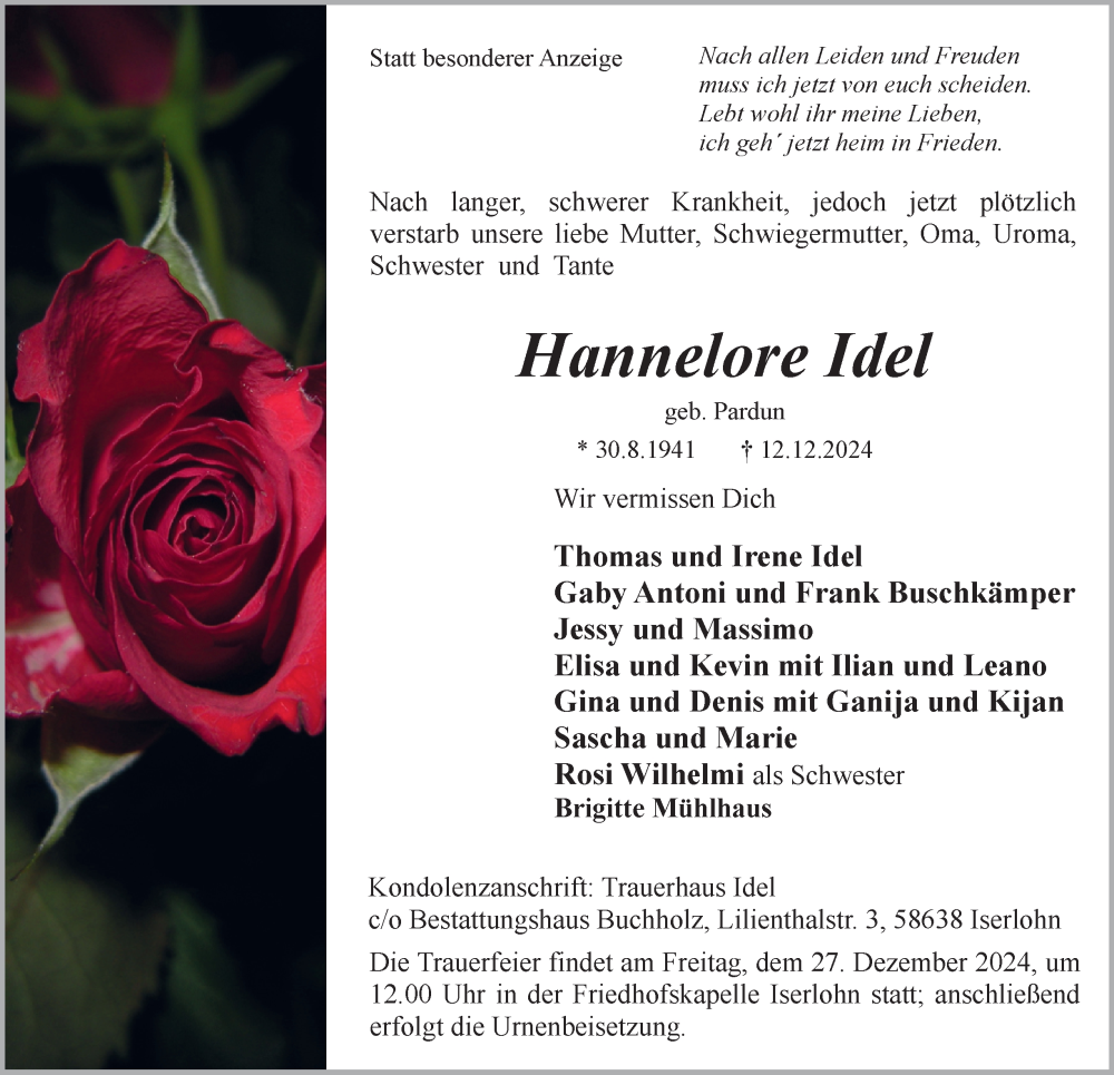  Traueranzeige für Hannelore Idel vom 18.12.2024 aus Tageszeitung