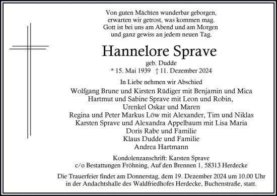 Traueranzeige von Hannelore Sprave von Tageszeitung