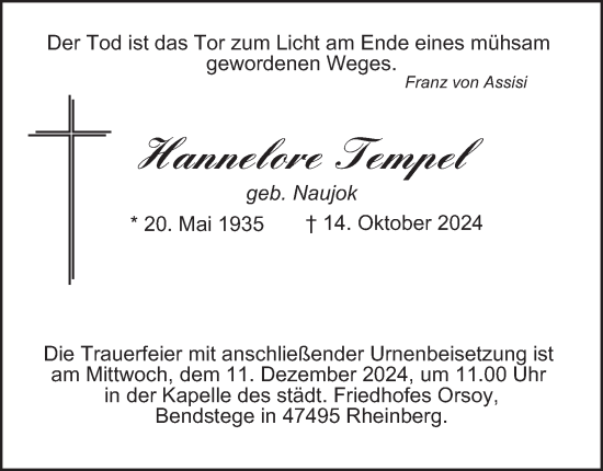 Traueranzeige von Hannelore Tempel von Tageszeitung