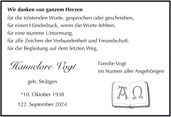 Traueranzeige von Hannelore Vogt von Tageszeitung