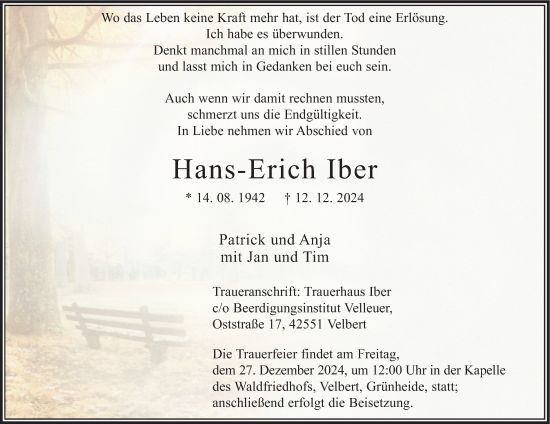 Traueranzeige von Hans-Erich Iber von Tageszeitung