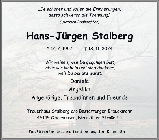 Traueranzeige von Hans-Jürgen Stalberg von Tageszeitung