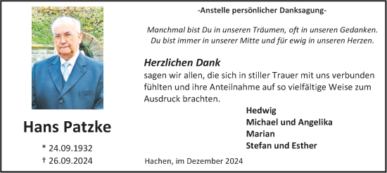Traueranzeige von Hans Patzke von Tageszeitung
