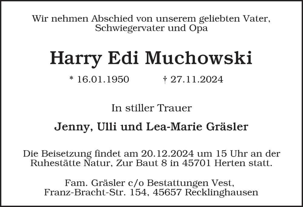  Traueranzeige für Harry Edi Muchowski vom 14.12.2024 aus Tageszeitung