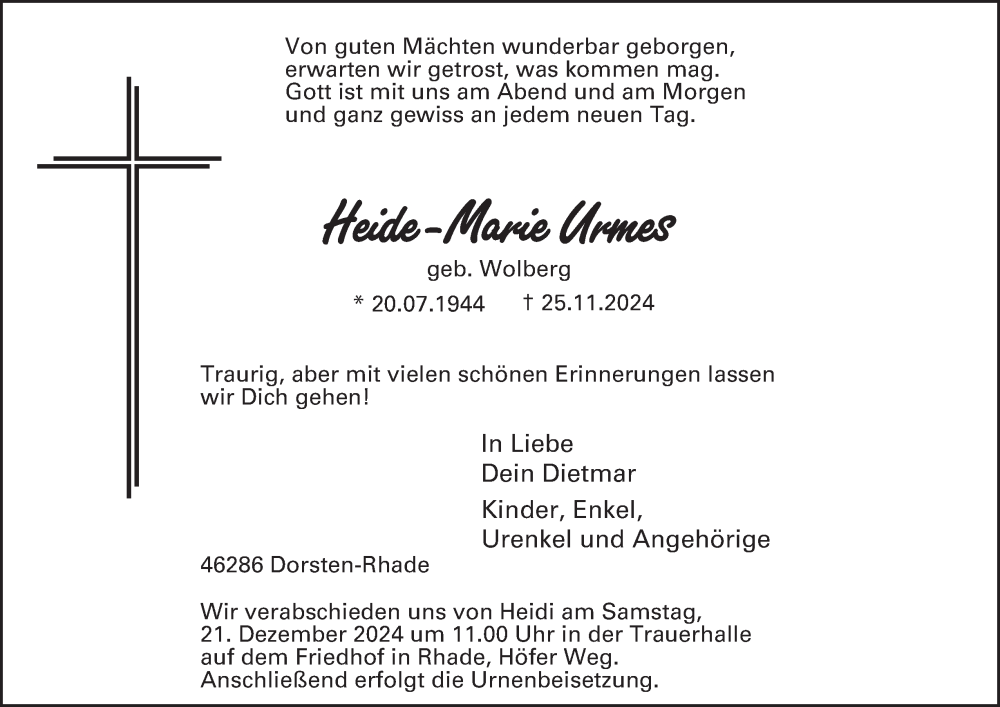  Traueranzeige für Heide-Marie Urmes vom 07.12.2024 aus Tageszeitung