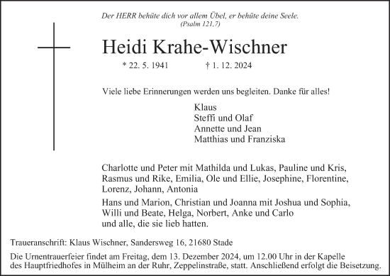 Traueranzeige von Heidi Krahe-Wischner von Tageszeitung