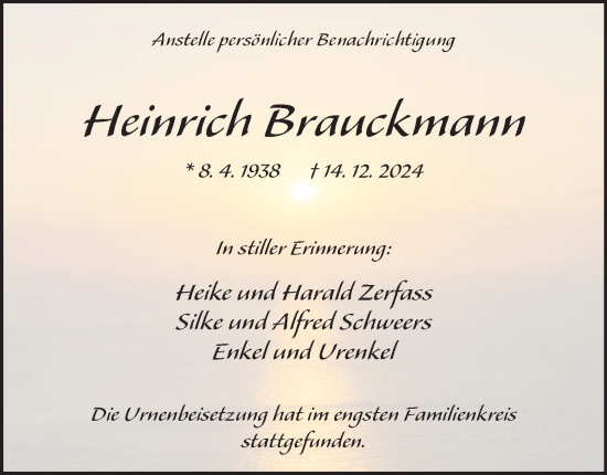 Traueranzeige von Heinrich Brauckmann von Tageszeitung