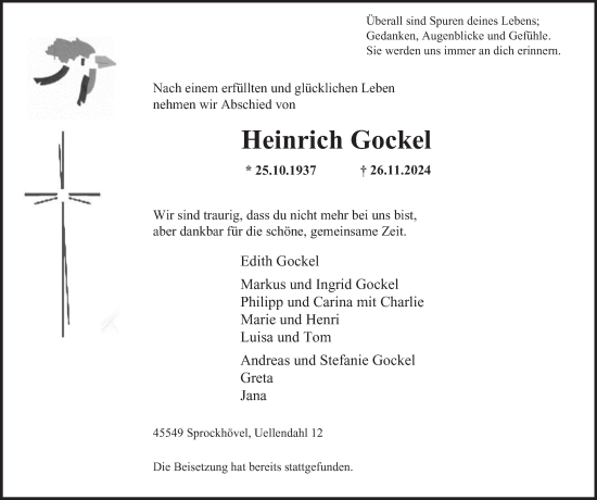Traueranzeige von Heinrich Gockel von Tageszeitung