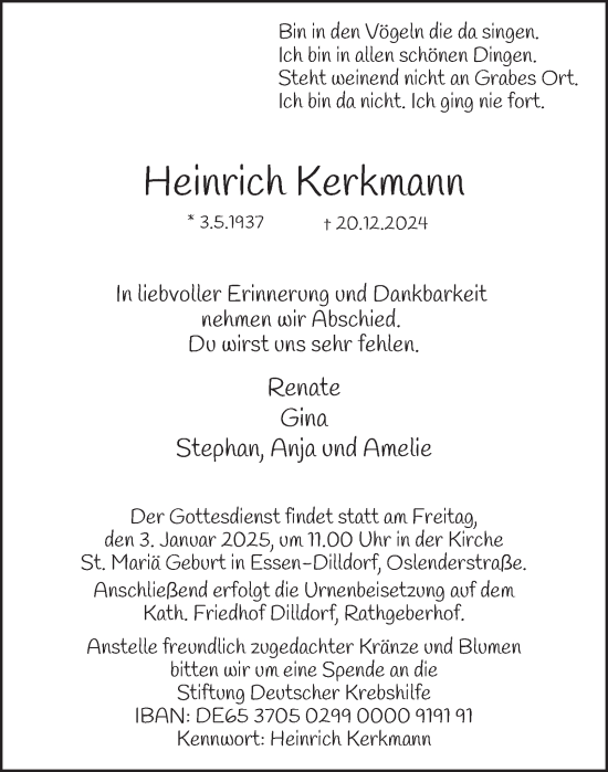 Traueranzeige von Heinrich Kerkmann von Tageszeitung