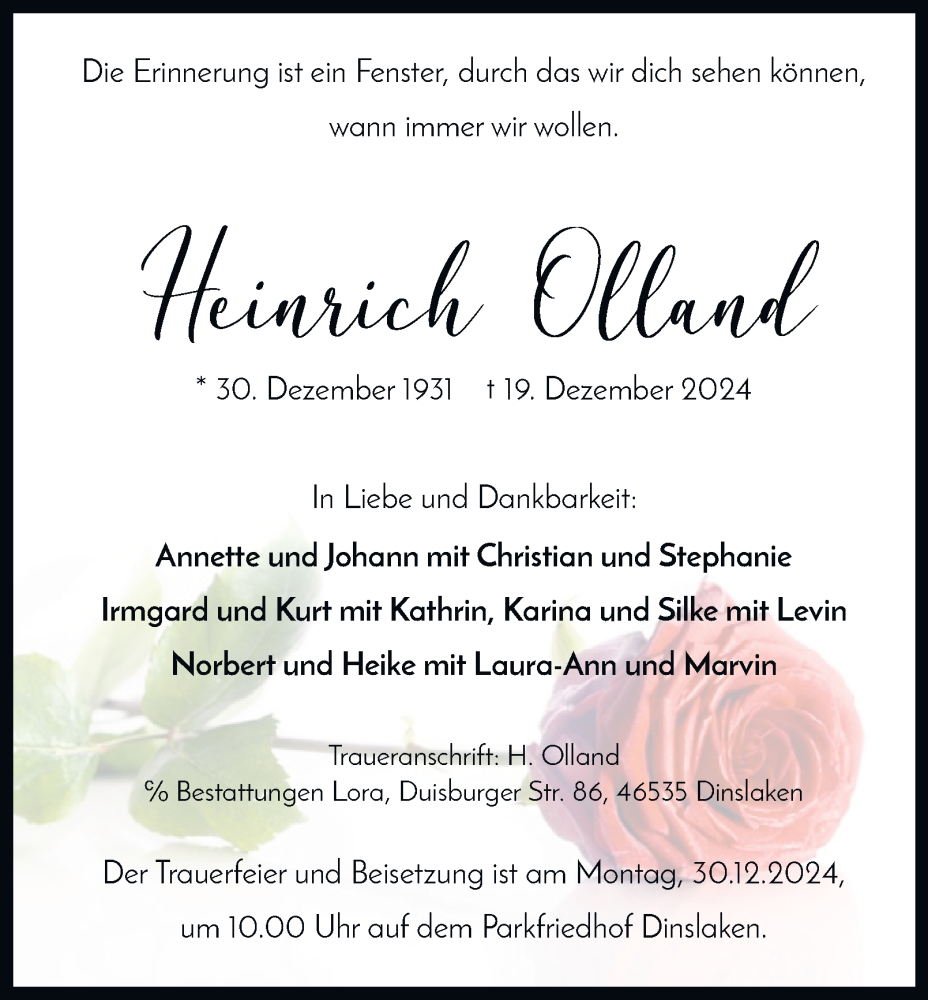  Traueranzeige für Heinrich Olland vom 24.12.2024 aus Tageszeitung