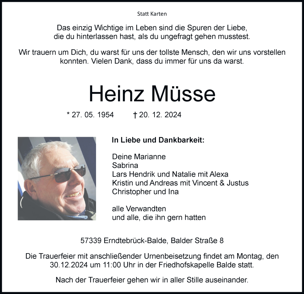  Traueranzeige für Heinz Müsse vom 27.12.2024 aus Tageszeitung
