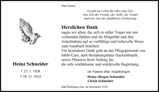 Traueranzeige von Heinz Schneider von Tageszeitung