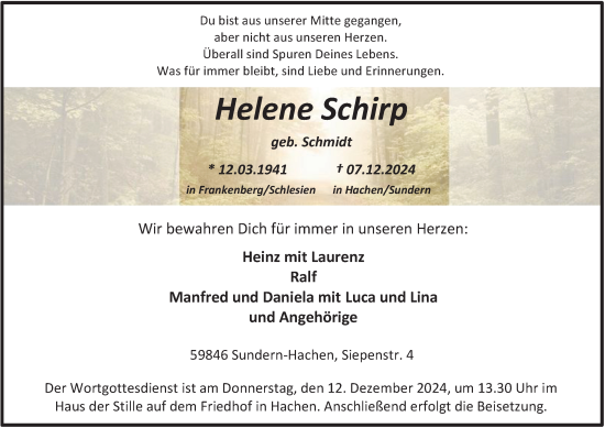 Traueranzeige von Helene Schirp von Tageszeitung