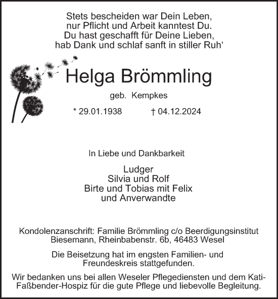 Traueranzeige von Helga Brömmling von Tageszeitung