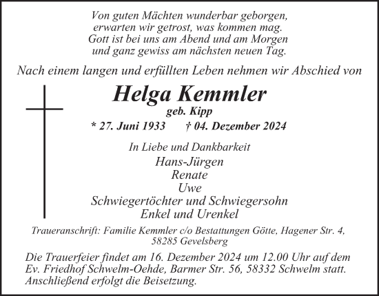 Traueranzeige von Helga Kemmler von Tageszeitung