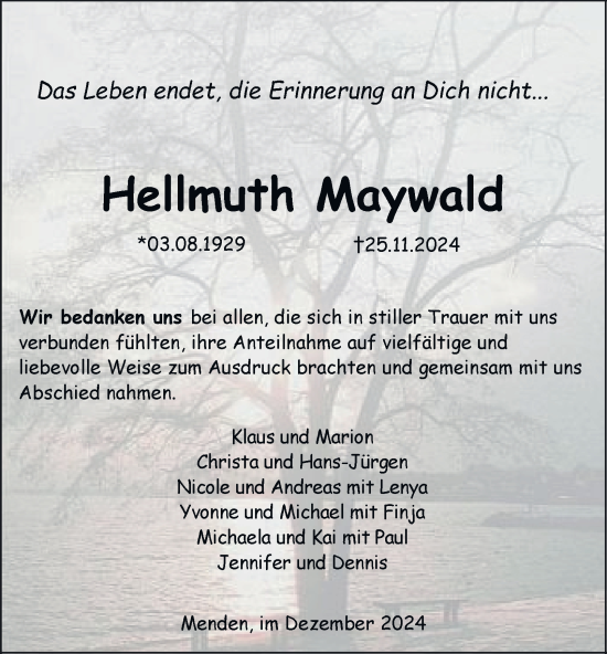 Traueranzeige von Hellmuth Maywald von Tageszeitung