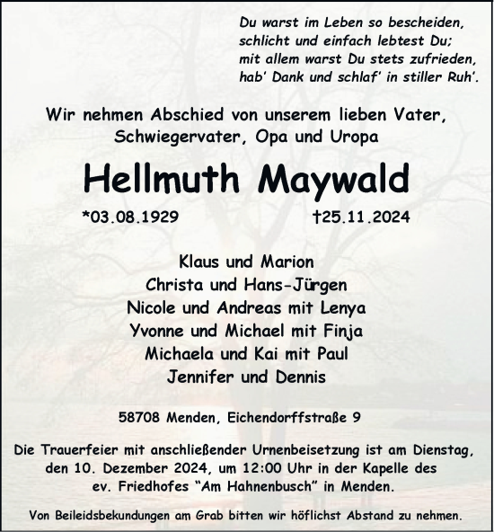 Traueranzeige von Hellmuth Maywald von Tageszeitung