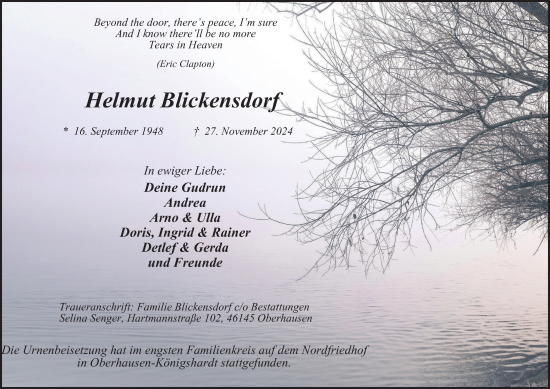 Traueranzeige von Helmut Blickensdorf von Tageszeitung