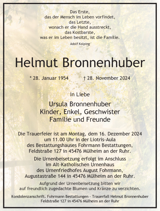 Traueranzeige von Helmut Bronnenhuber von Tageszeitung