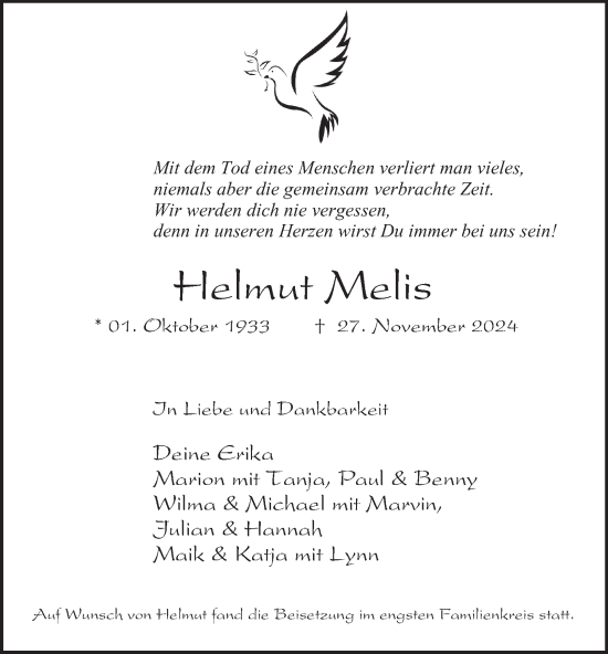 Traueranzeige von Helmut Melis von Tageszeitung
