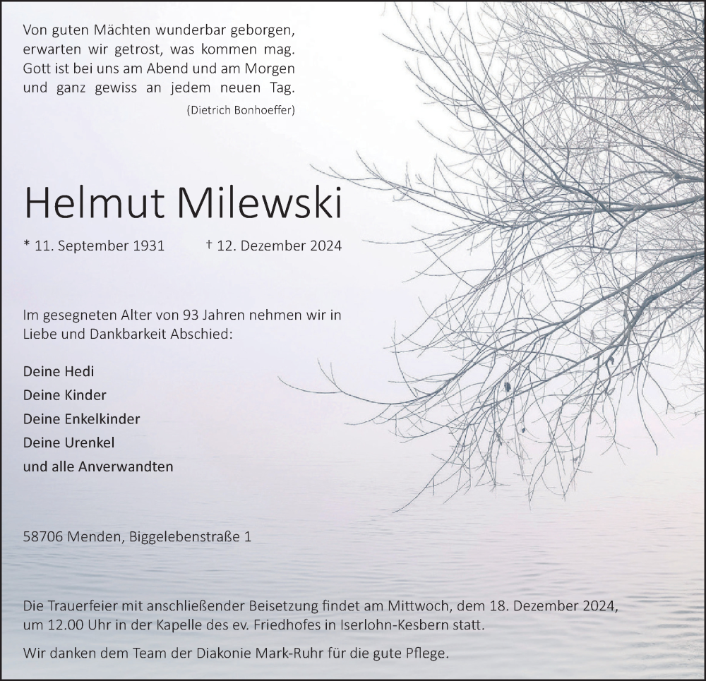  Traueranzeige für Helmut Milewski vom 14.12.2024 aus Tageszeitung